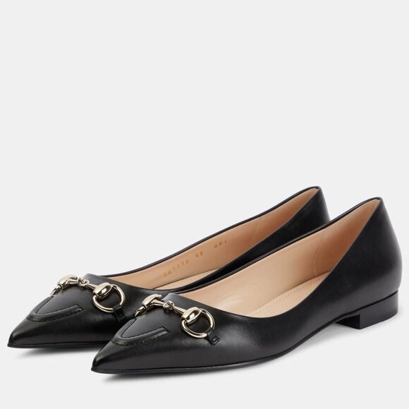 Gucci Erin Horsebit Pointed Toe Leather Ballerina Ballet Flats Shoes Black - Picture 1 of 16